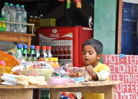 GUNGTOK, SIKKIM, INDIA - OCT 24, 2011: An Unidentified boy selects snack in the grocery on the walkway to Ramtek Monastery in Gungtok, Sikkim, Indiaのeditorial素材
