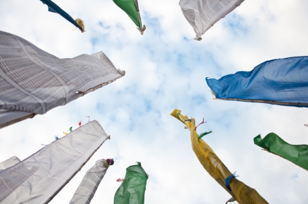 Colorful Mantra flag field in Darjeeling, India