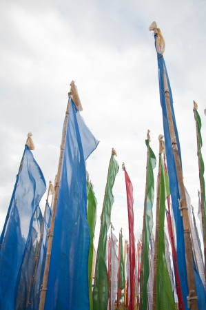 Colorful Mantra flag field in Darjeeling, Indiaの写真素材