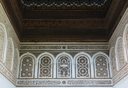 The marble craft and wooden painting at Bahia Palace in Marrakeshのeditorial素材
