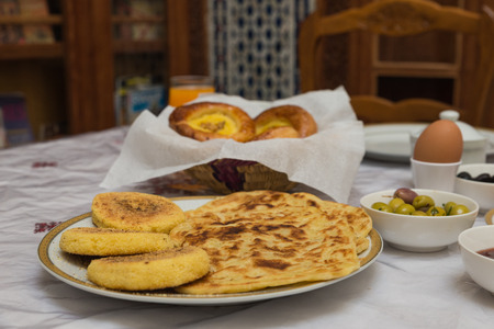 The traditional arabian breakfast mixed with western food in Fes, Moroccoの写真素材