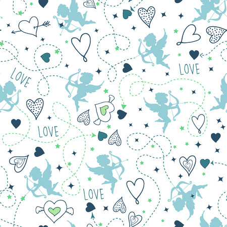 Seamless pattern with cupids and heartsのイラスト素材
