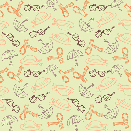 Outline Fashionable female accessories seamless pattern on Sketchy style.Woman wear in outline sketch. Autumn ,winter,spring woman fashion. For fabric,background,backdrop,Wallpaper.Fashion Vectorのイラスト素材