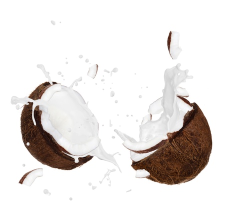 Coconut with milk splash over white の写真素材
