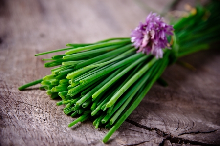 Fresh  chive on wooden backgroundの写真素材