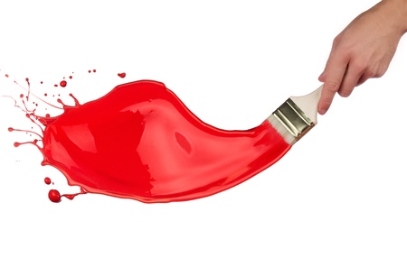 Red paint splashing out of brush  Isolated on white background