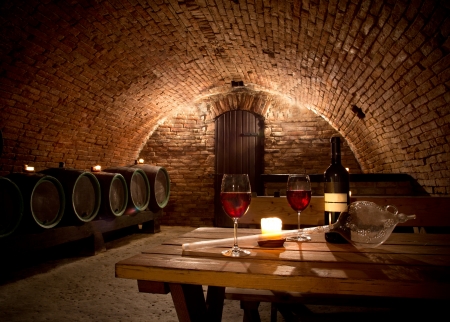 Wine cellar with wine bottle and glasses