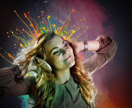 Young girl listens to music  Modulations of color and lights 