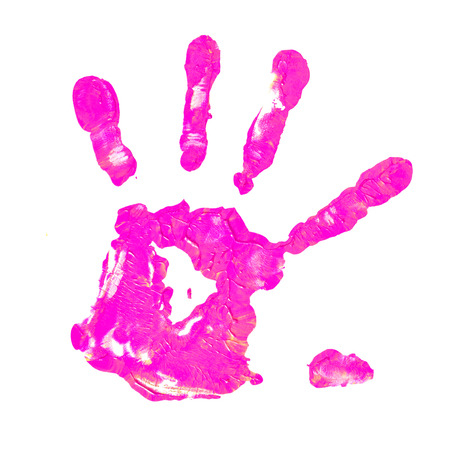 Close up of colored hand print on white backgroundの写真素材