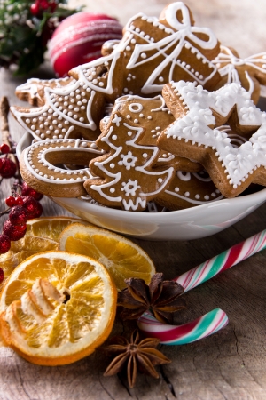 Christmas Gingerbreads on woodne tableの写真素材