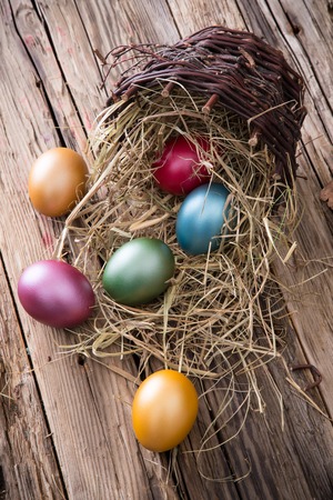 Easter eggs on wooden, close-up の写真素材