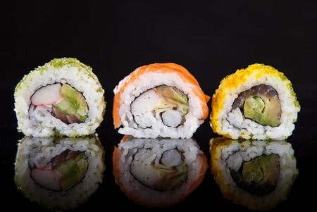 Japanese seafood sushi set on black backgroundの写真素材
