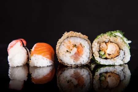 Japanese seafood sushi set on black backgroundの写真素材