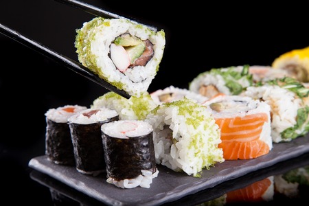 Sushi set on black backgroundの写真素材