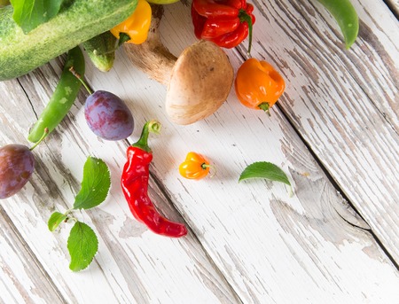 Healthy organic vegetable on wooden table, close-up.の写真素材
