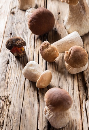 Ceps on wooden table, autumn harvest cropの写真素材