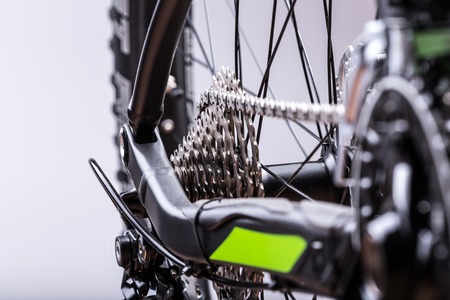 close-up of a green mountain bike, studio shot.