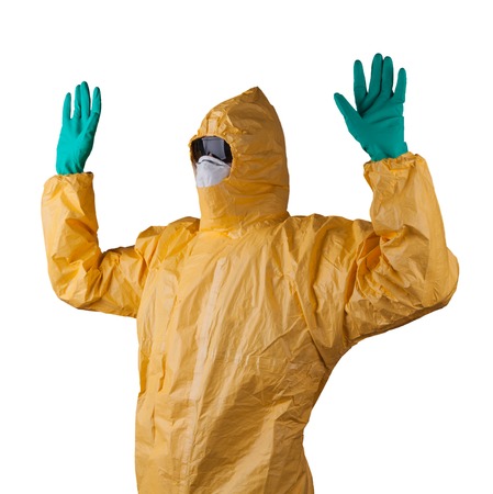 Scientist with protective yellow hazmat suit.の写真素材