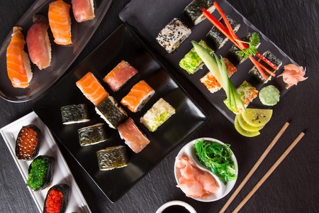 Japanese seafood sushi set on black stone backgroundの写真素材