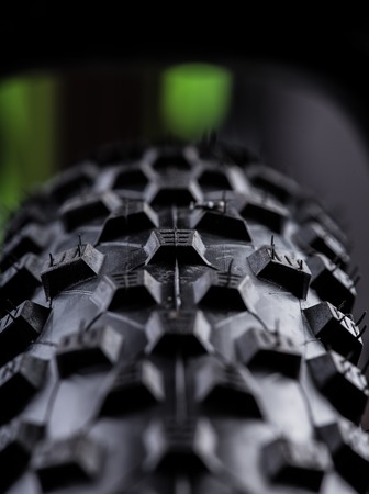 close-up of a green mountain bike, studio shot.の写真素材