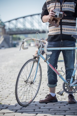 Handsome big moustache hipster man in the city, close-up.の写真素材