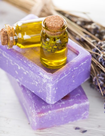 Lavender flowers with essential oil, close-up.の写真素材