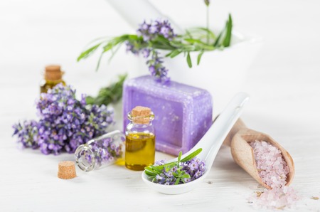 Lavender flowers with essential oil, close-up.の写真素材