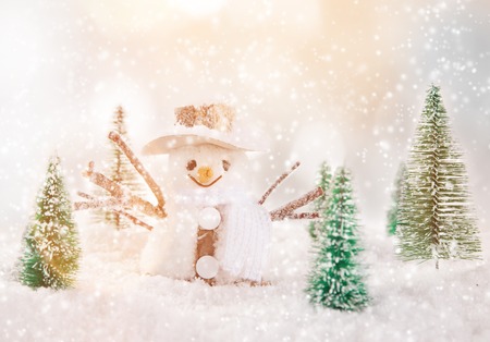 Christmas background with snowman and falling snow.の写真素材