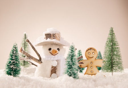 Christmas background with snowman and falling snow.の写真素材