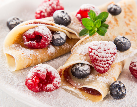 Tasty pancakes with fresh berries, close-up.の写真素材