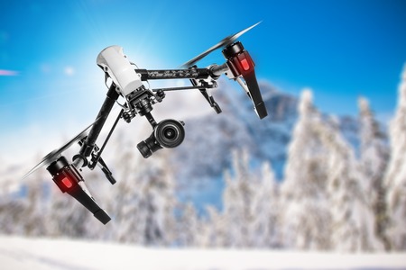 Drone with 4K camera flying, close-up.