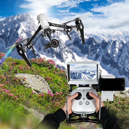 Drone with 4K camera flying, close-up.
