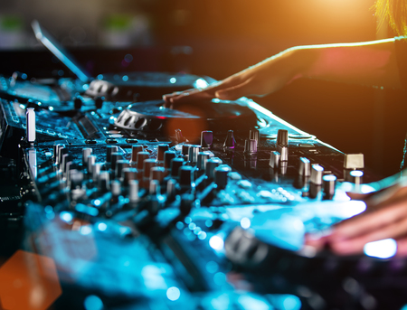 DJ sound equipment at nightclubs and music festivals.の写真素材