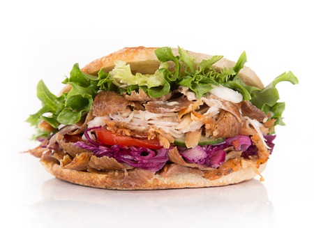 close up of kebab sandwich on white backgroundの写真素材