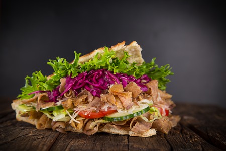 close up of kebab sandwich on white backgroundの写真素材