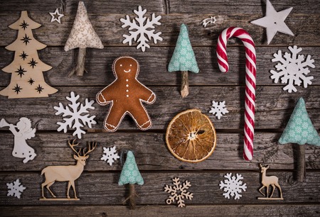 Christmas decoration on wooden background, close-up.の写真素材