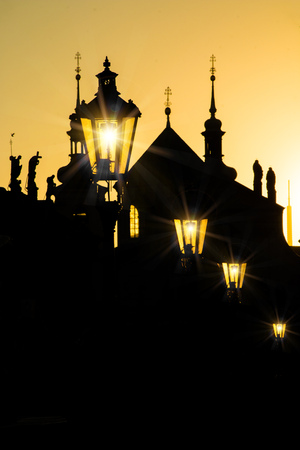 Charles bridge in Prague during morning sunset.の写真素材