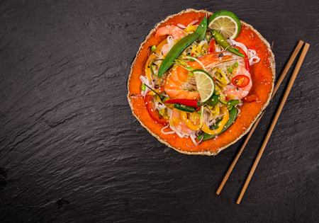 Various of asian meals on rustic background , top view , place for text.