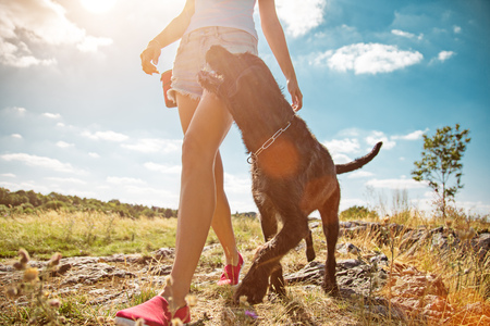 Young woman with her dog walking outdoor during summer day.の写真素材