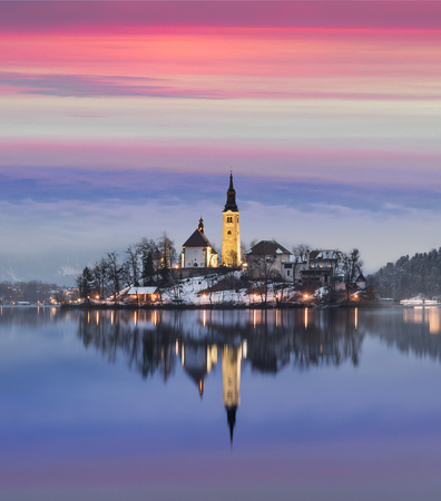 Amazing sunset at the lake Bled in winter, Slovenia, Europe.の写真素材