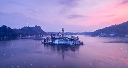Amazing sunset at the lake Bled in winter, Slovenia, Europe.の写真素材