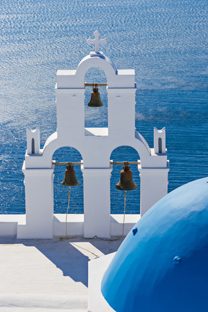 The Three bells of Fira and blue dome, Santorini, Greece, Europe.の写真素材