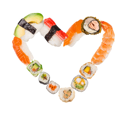 Traditional japanese sushi pieces making inscription and heart symbol.の写真素材