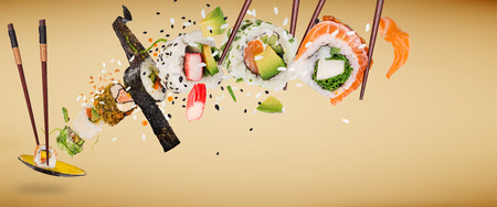 Pieces of delicious japanese sushi frozen in the air.の写真素材