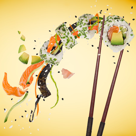 Pieces of delicious japanese sushi frozen in the air.の写真素材
