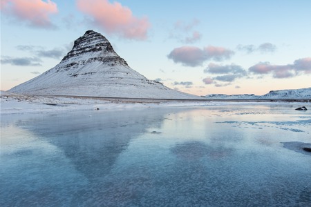Famous Kirkjufell mountain in winter, Icelandの写真素材