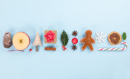 Christmas decorations on pastel colorの写真素材