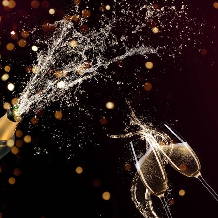 Glasses of champagne levitating in the air, celebration theme.
