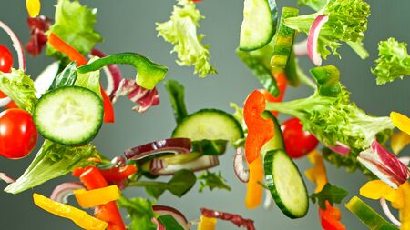 Flying vegetable salad isolated on grey background. Healthy eating and lifestyle.の写真素材