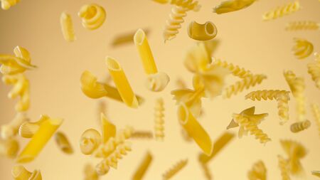 Freeze motion of flying uncooked italian pastaの写真素材